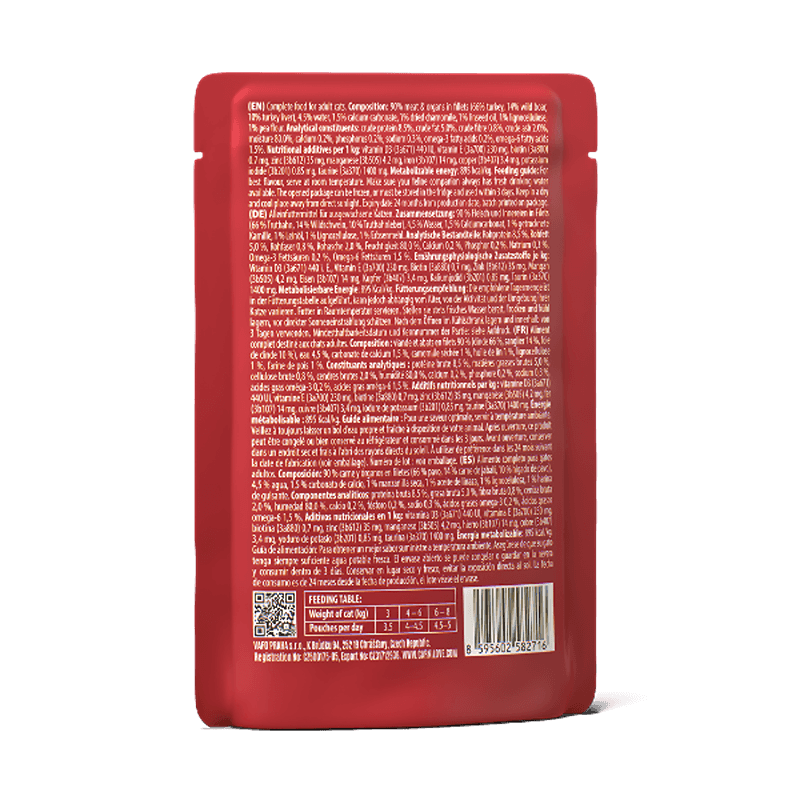 Carnilove Gravy Wild Boar with Chamomile cat pouch, 24x85g, detailed info and barcode on back.
