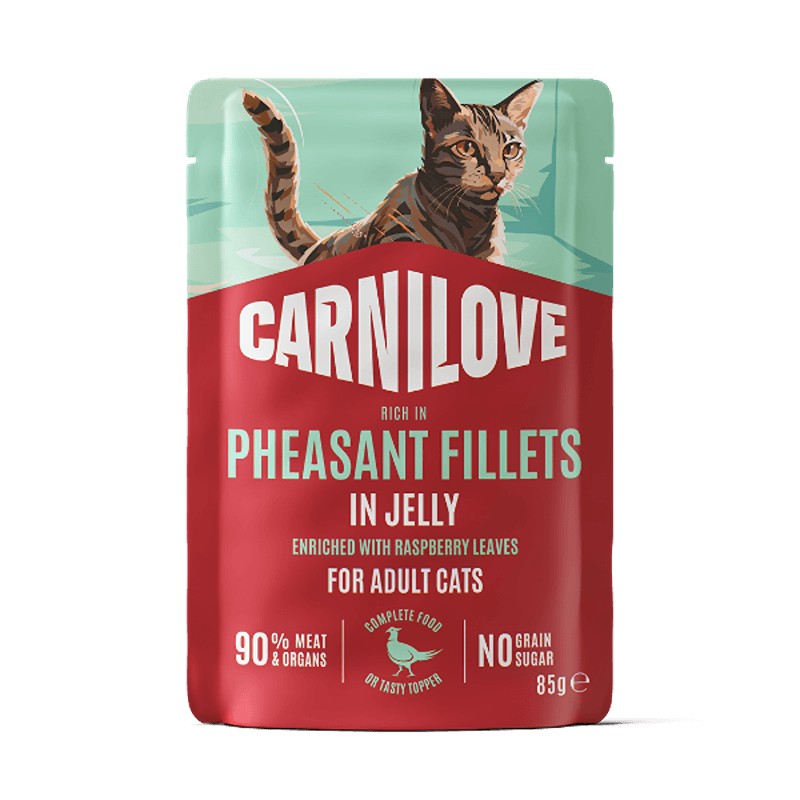Carnilove Jelly Pheasant with Raspberry Leaves Cat Pouch, 24x85g, for adult cats.