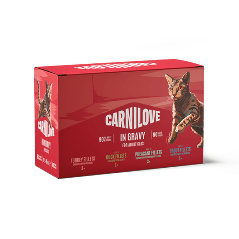 Carnilove Gravy Multipack Cat Food 12x85g—turkey, duck, pheasant & trout, grain free.