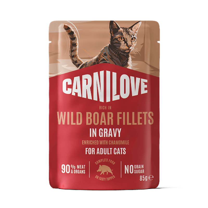 Carnilove Gravy Wild Boar &amp; Chamomile Cat Pouch 24x85g—grain free food for adult cats.