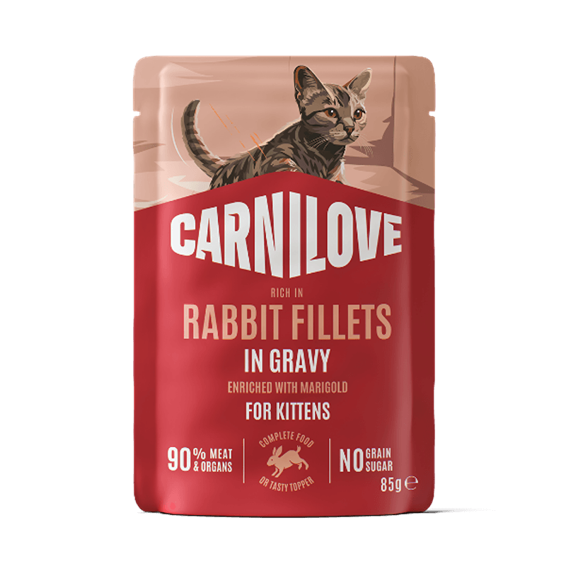 Carnilove Gravy Rabbit with Marigold Cat Pouch 24x85g, cat illustrated on top.