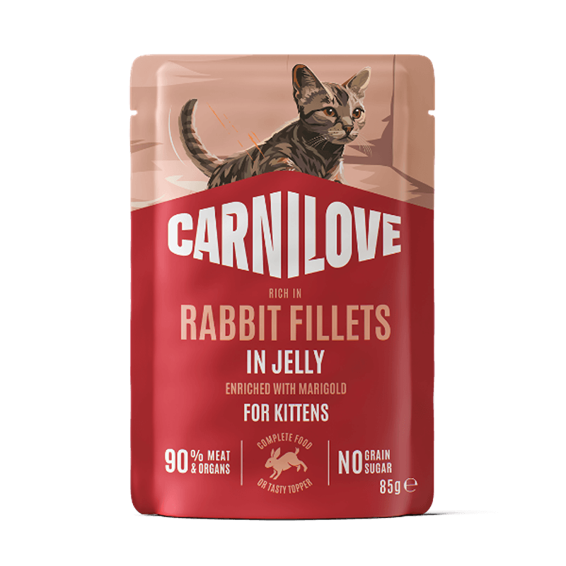 Carnilove Jelly Rabbit with Marigold Cat Pouch 24x85g, kitten food with playful kitten design.