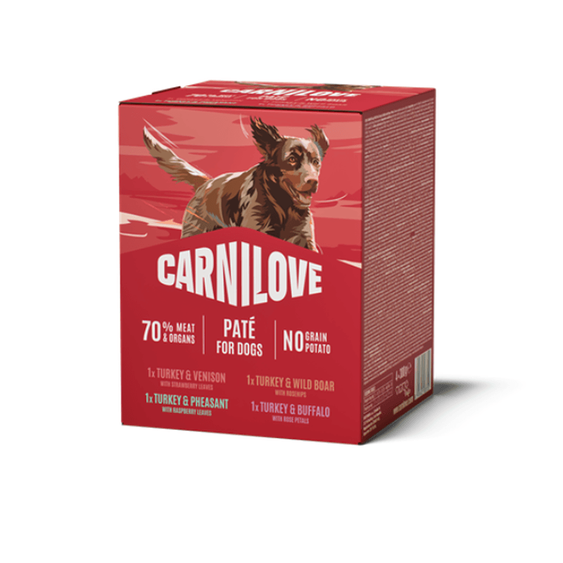 Red box of Carnilove Multipack Dog Food Pouch 4x300g with an illustrated brown dog.