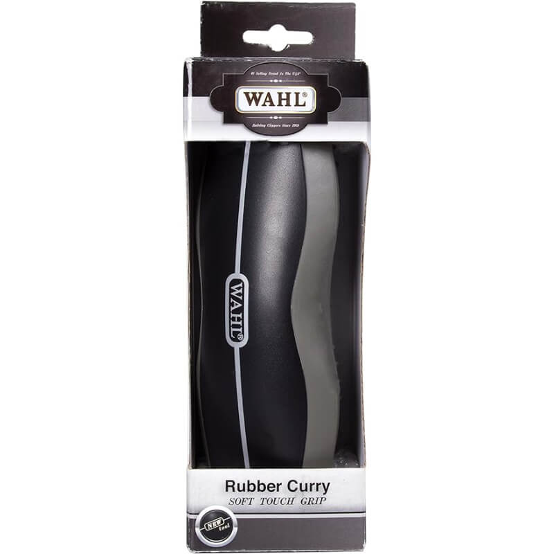 Wahl Rubber Curry brush by Wahl in black packaging with a soft touch grip label.