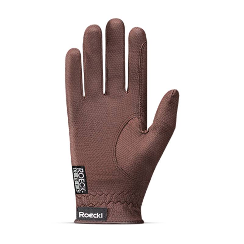 A single brown Roeckl Grip Glove with wrist and side labels by Roeckl.