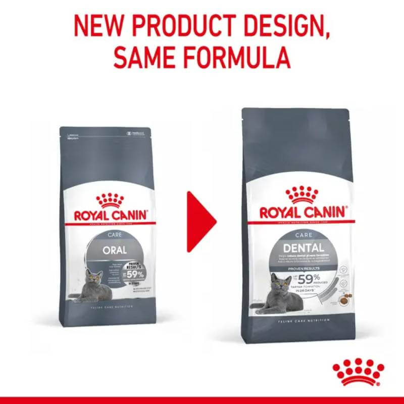 Two Royal Canin Feline Dental Care bags, featuring the old and new packaging designs.