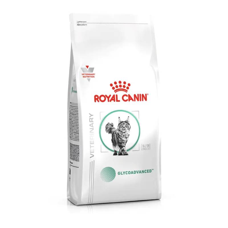 Royal Canin Veterinary Glycoadvanced Adult Dry Cat Food bag with a cat image on the front.