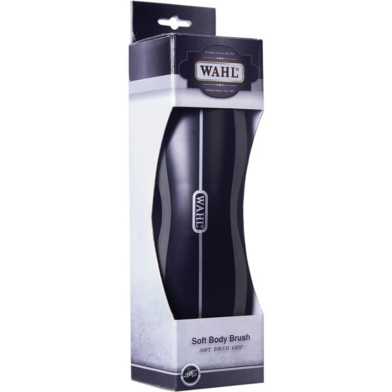 Wahl Body Brush Soft Bristles for horse grooming with "Soft Touch Grip" on packaging.