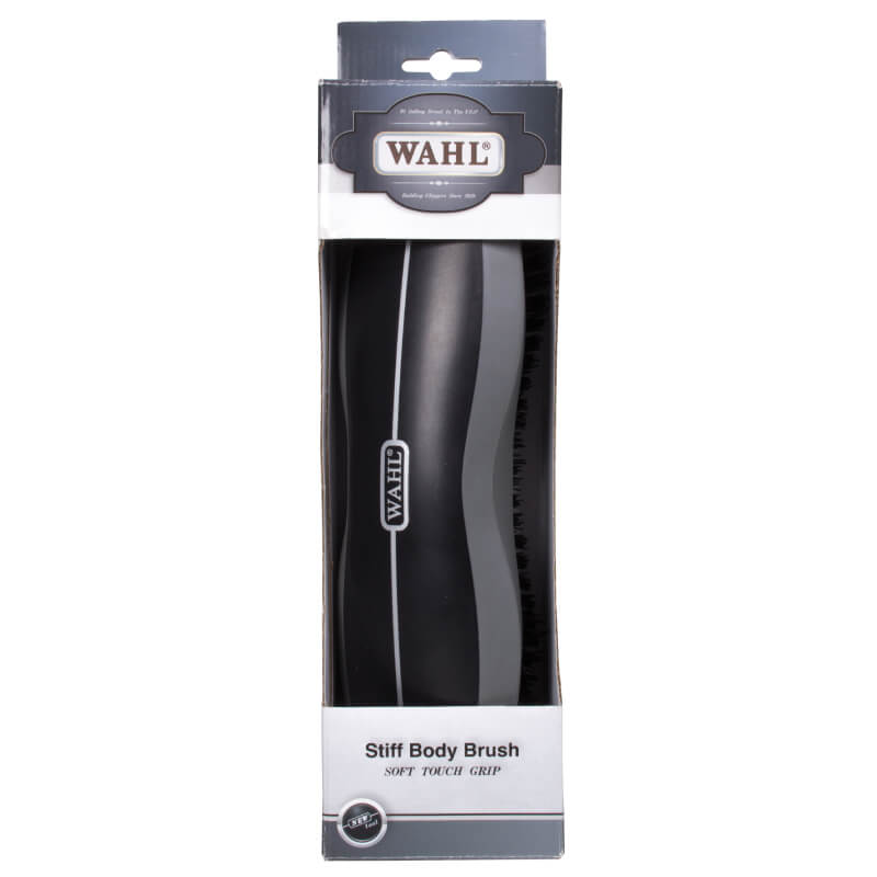 Wahl Body Brush Stiff Bristles for horse grooming, in black, with Soft Touch Grip.