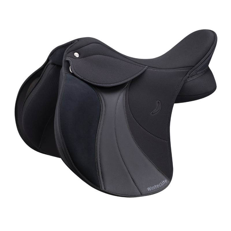 WintecLite Pony All Purpose Saddle by Wintec in black, side view with curved stitching.