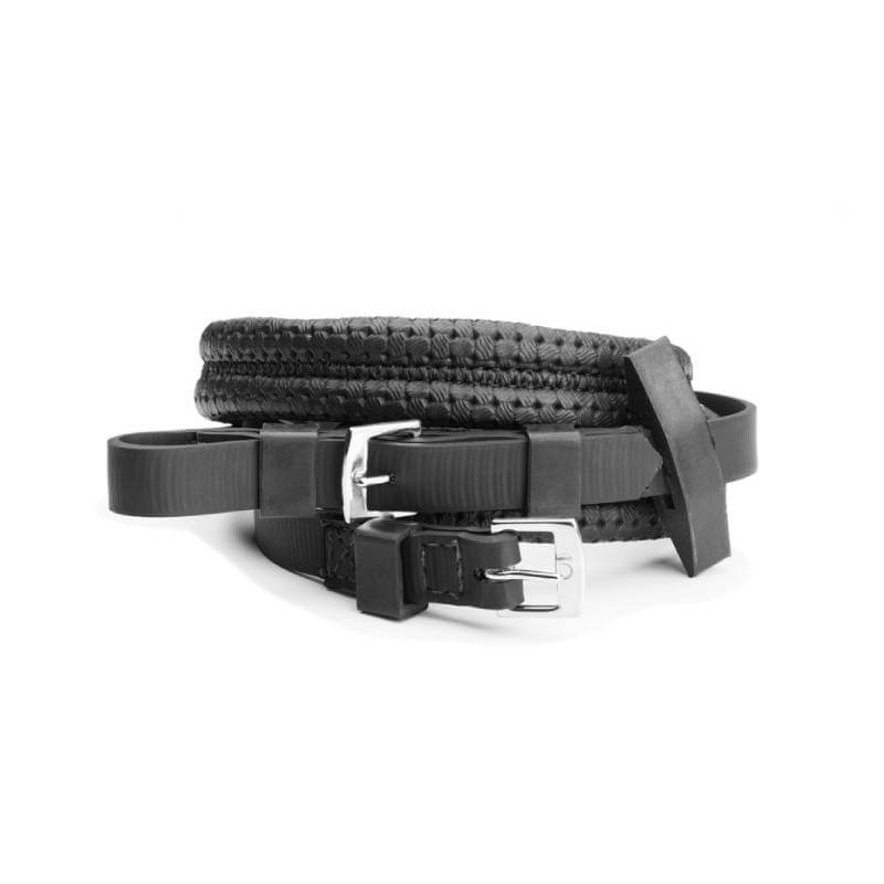 Two black Wintec Equi-Leather Grip Reins: one braided, one smooth, both with Grip Reins buckles.