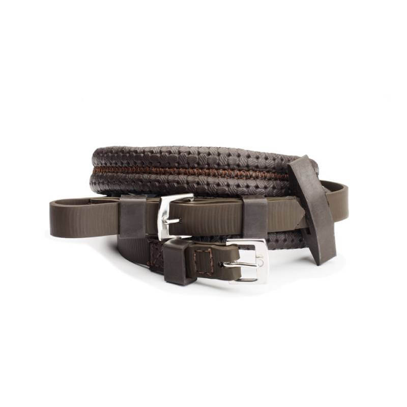 Wintec Equi-Leather Grip Reins Brown by Wintec: durable, weatherproof reins with silver buckles.