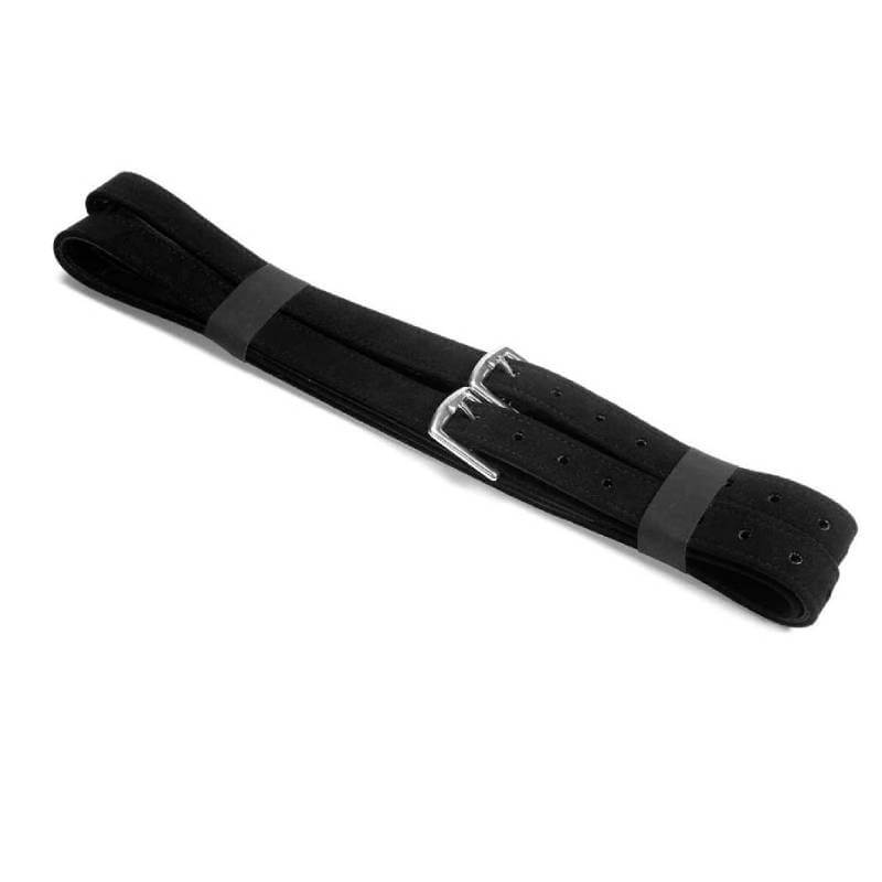 Two Wintec Pro Stock Stirrup Straps Black 147 cm with silver buckles on white background.