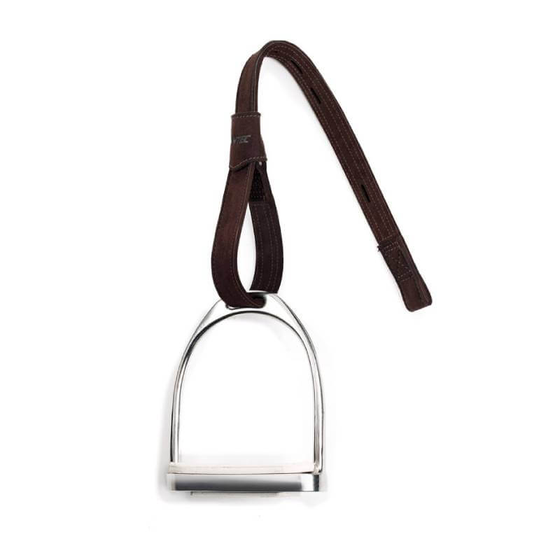 A Wintec Pro Webbers Dark Brown stirrup strap from Wintec attached to a metal horse stirrup.