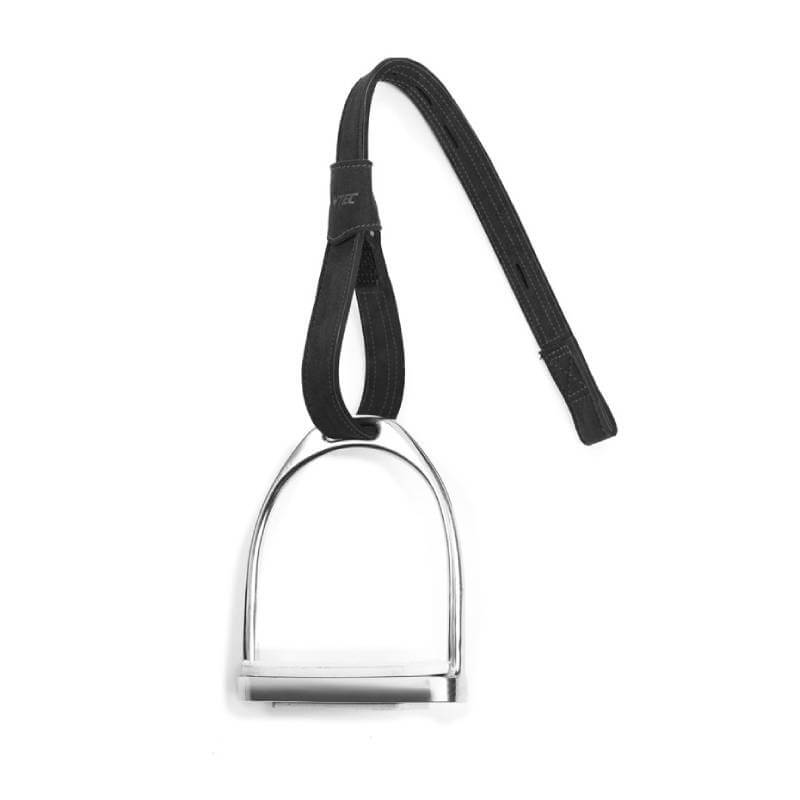 A metal horse stirrup with a Wintec Pro Webbers Black strap on a white background.