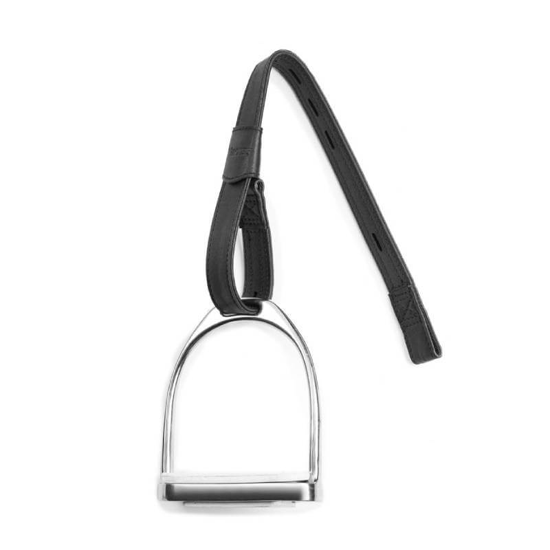 A metal horse stirrup with Wintec Webbers Black strap by Wintec.