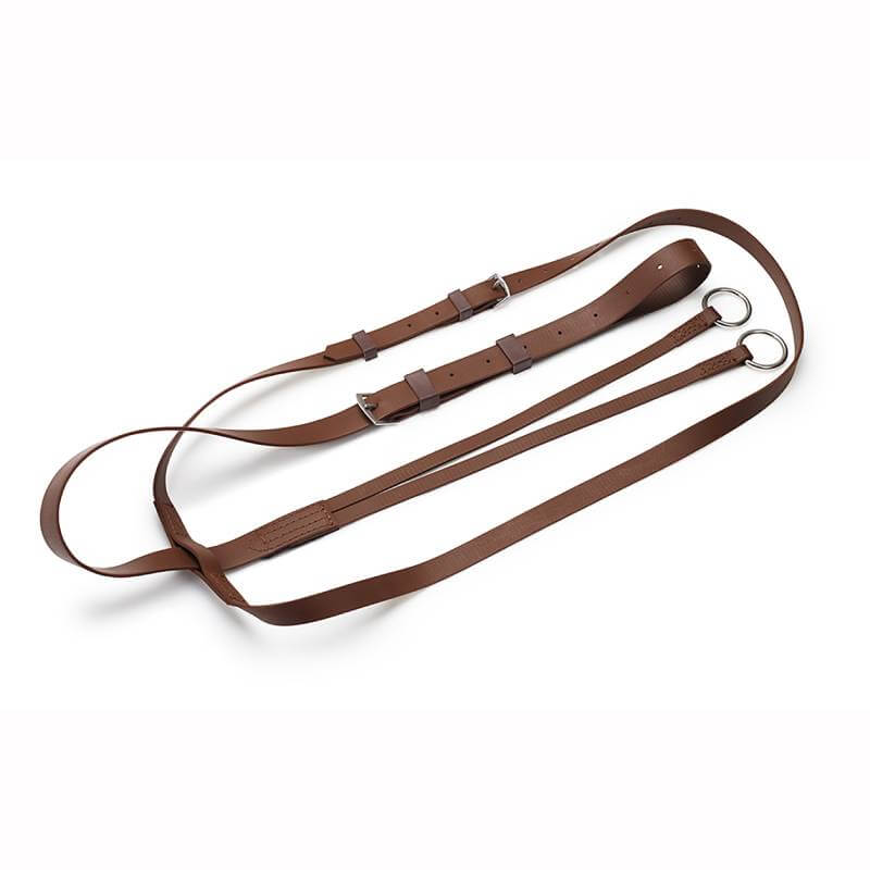 Wintec Running Martingale Brown with leather reins, buckles, and durable Equi-Leather rings.