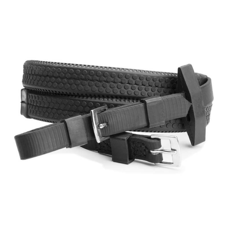 Wintec Rubber Grip Reins Black, coiled loosely with metal buckles on a white background.