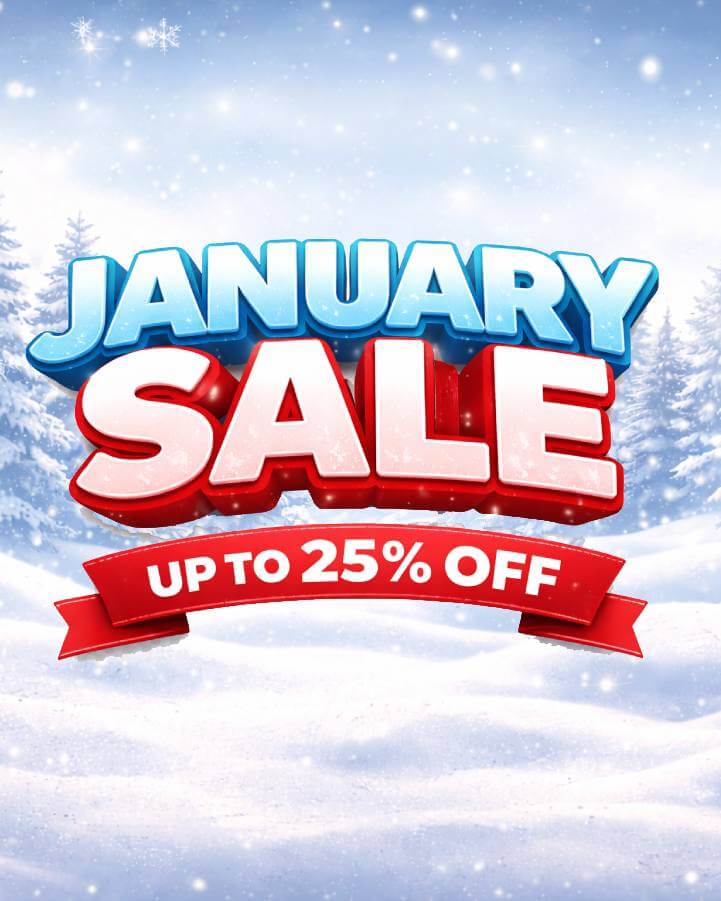 January sale advertisement with snowy background and 'Up to 25% Off' text.