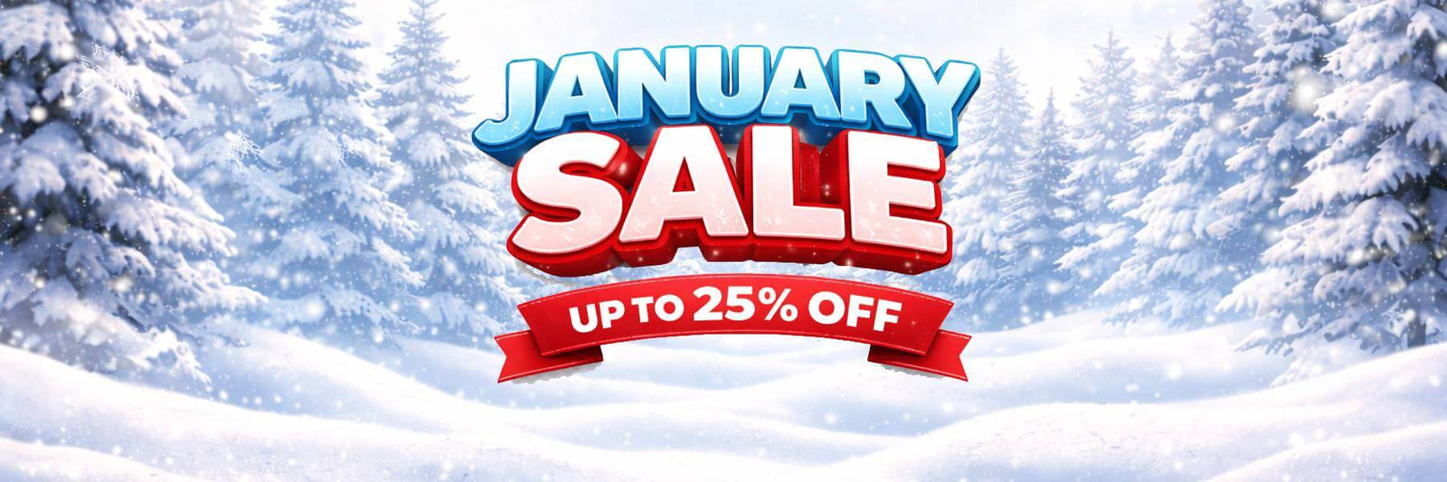 January sale banner with 25% off text against a snowy forest background
