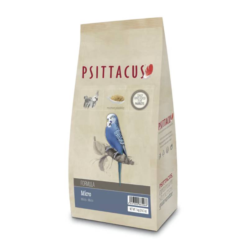 Psittacus Micro bird food bag featuring a blue budgie on the front.
