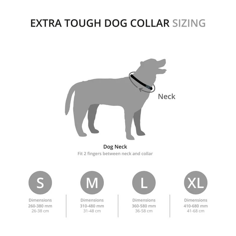 Mountain Paws Extra Tough Dog Collar Red sizing chart with neck illustration and dimensions.