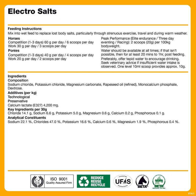 White tub of NAF Electro Salts 1kg, an electrolyte supplement for horses.