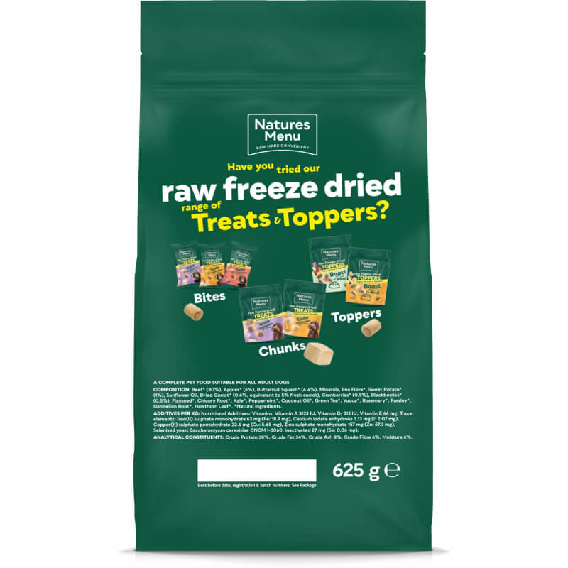 Natures Menu Complete Freeze Dried 80/20 Beef dog food, 625g, complete and balanced.