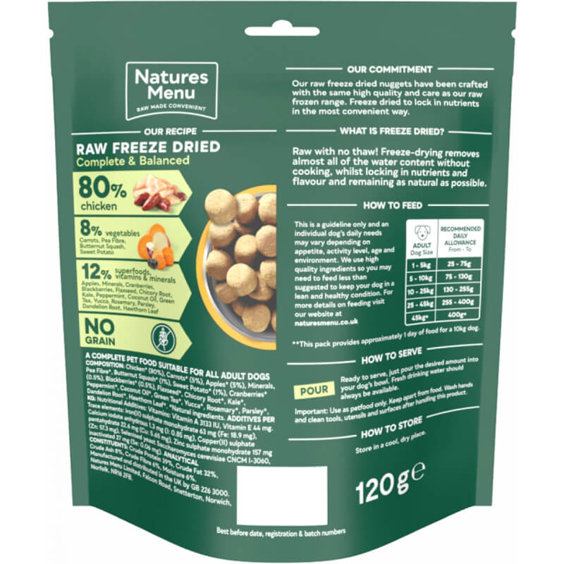 Back of Natures Menu Complete Freeze Dried 80/20 Chicken dog food bag with feeding instructions.