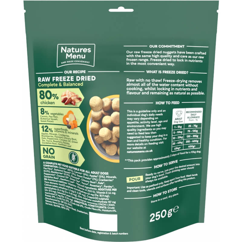 Back of Natures Menu Complete Freeze Dried 80/20 Chicken bag with product details and feeding guide.