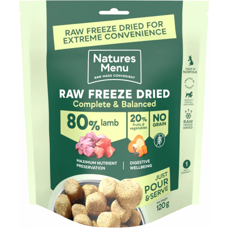 Natures Menu Complete Freeze Dried 80/20 Lamb Dog Food in a green and white pouch.