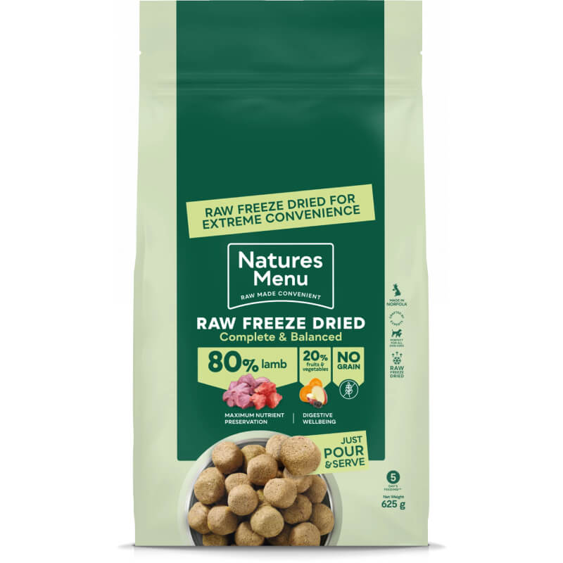 Natures Menu Complete Freeze Dried 80/20 Lamb dog food bag with front product details.