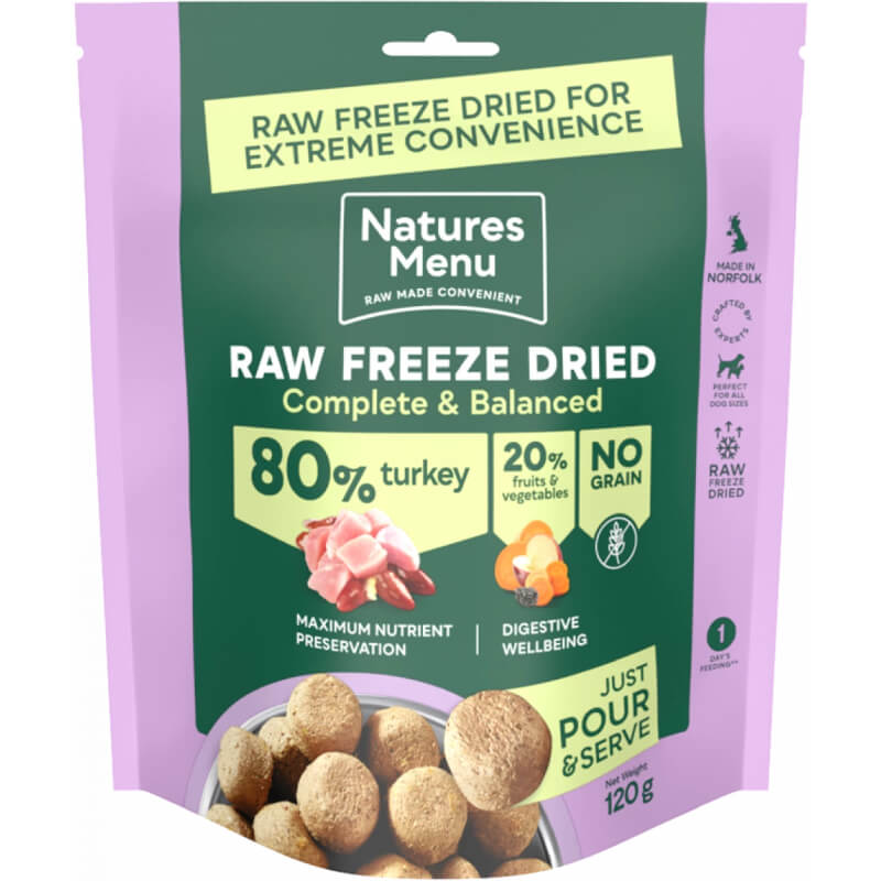 Natures Menu Complete Freeze Dried 80/20 Turkey dog food, complete and balanced.
