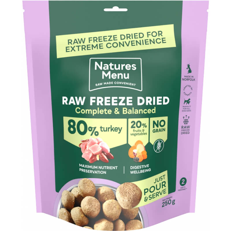 Natures Menu Complete Freeze Dried 80/20 Turkey dog food with balanced nutrition on pack.