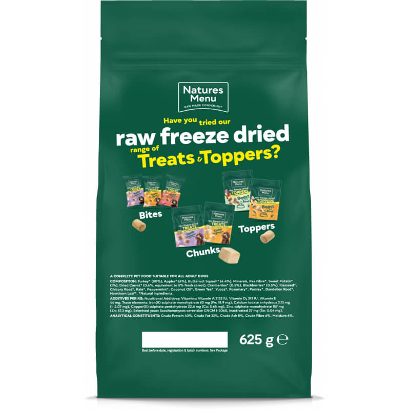 Natures Menu Complete Freeze Dried 80/20 Turkey treats in a green bag: Bites, Chunks, Toppers.