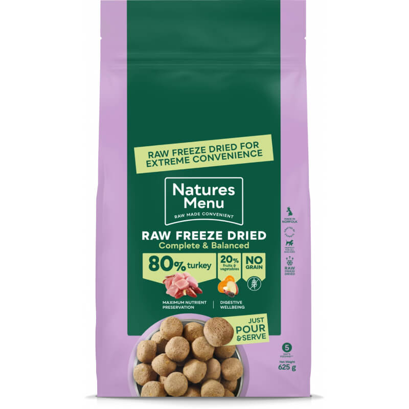 Natures Menu Complete Freeze Dried 80/20 Turkey dog food, 625g, in green packaging.