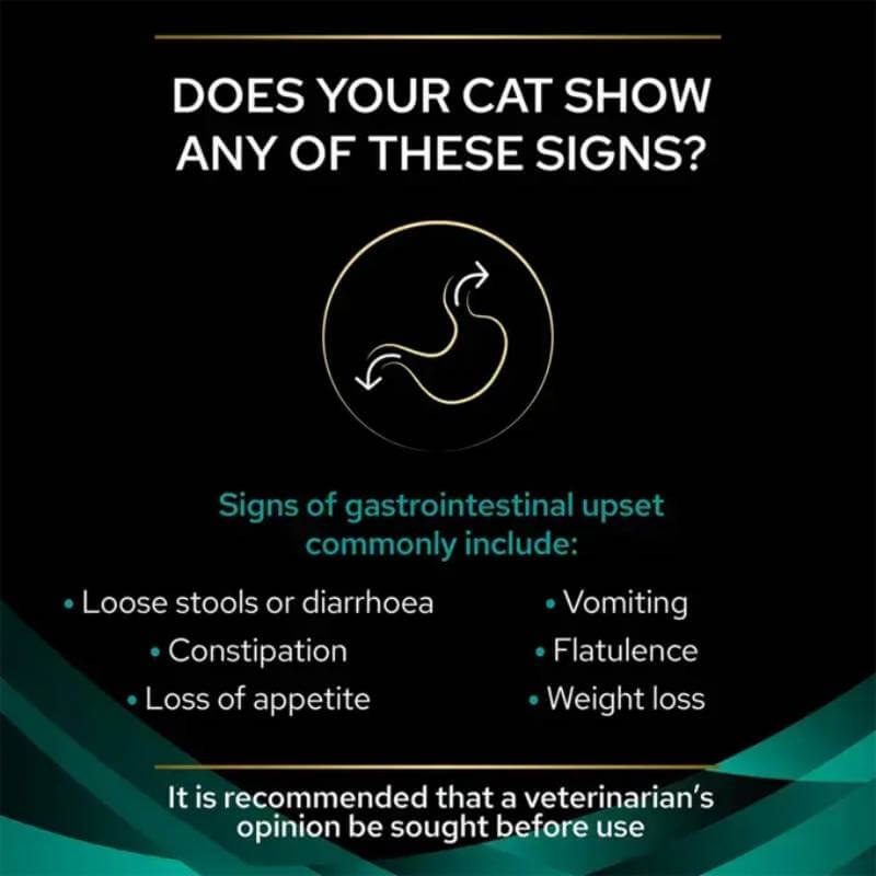Signs of GI upset in cats and tips on Purina Pro Plan Feline EN Gastrointestinal Mousse 24x195g.