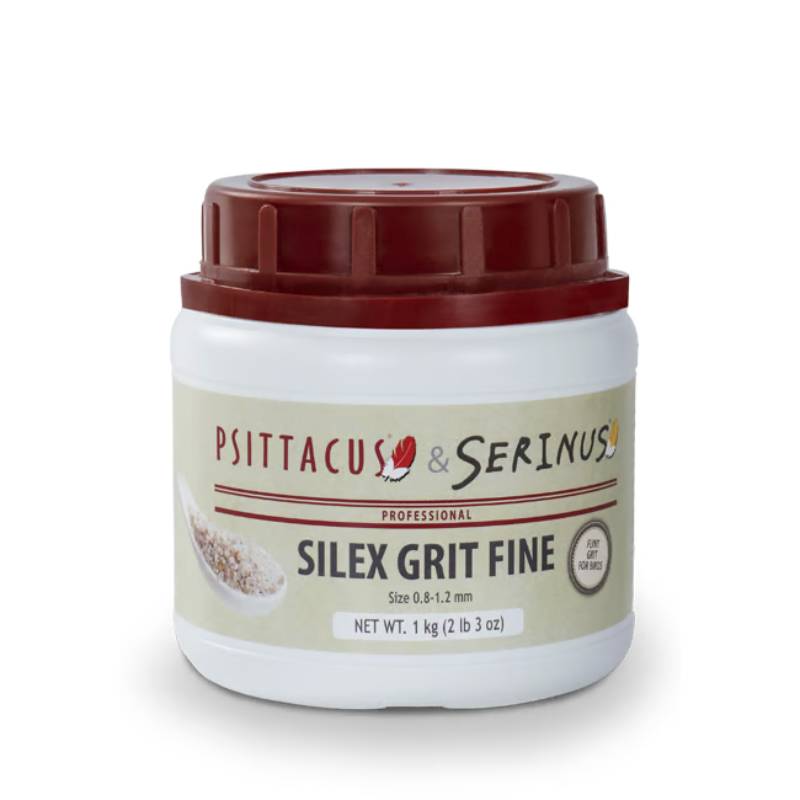 Psittacus Silex Grit 1kg: White container with red lid and colorful label for birds.