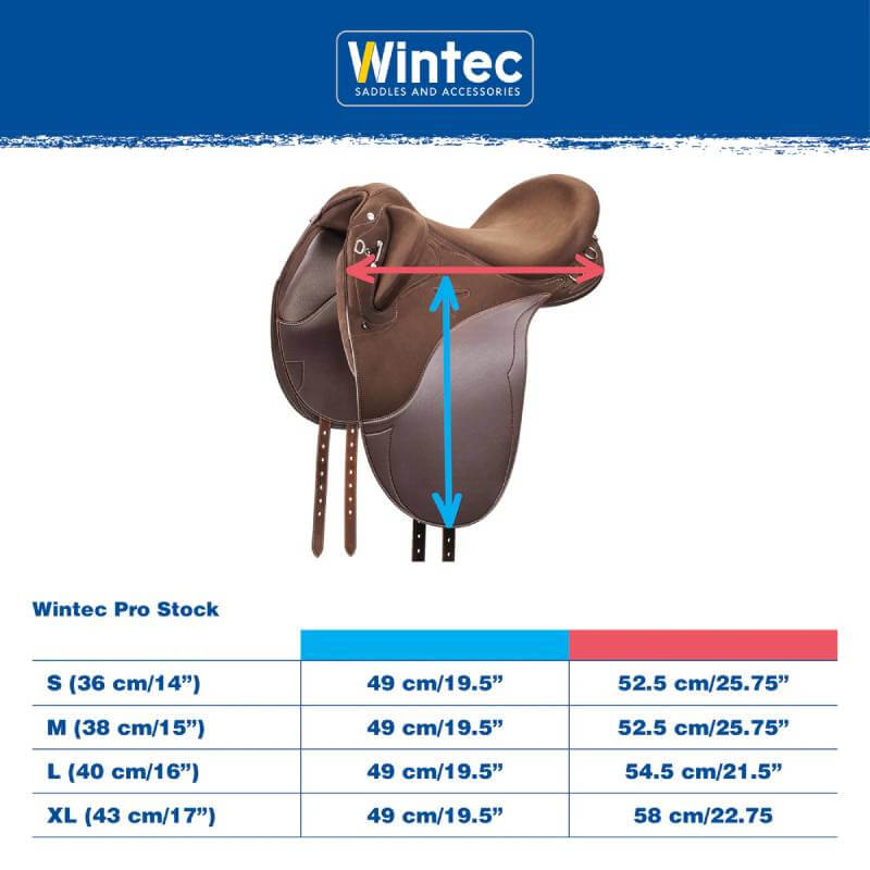 Wintec Pro Stock Hart Saddle with seat and flap measurements shown; size chart below.