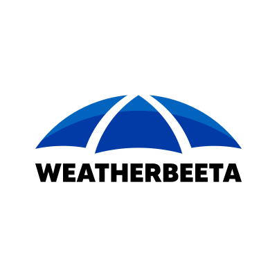 Blue segmented dome shape resembling an umbrella above bold black text reading WEATHERBEETA in uppercase letters.