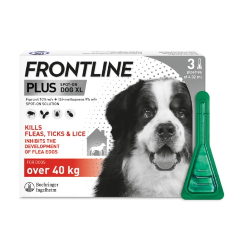 Frontline Plus Extra Large Dog 40kg+ 3 Pipettes flea &amp; tick treatment by Frontline.