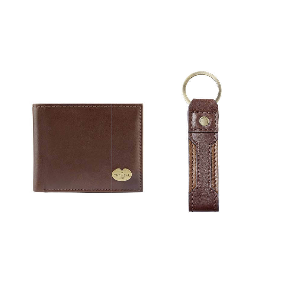 Le Chameau Key Ring &amp; Bifold Wallet Gift Set Marron Fonce